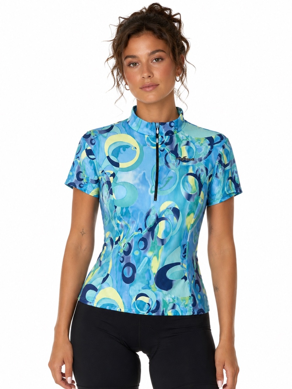 Shebeest Cycling Jersey Women’s green abstract Blue Quarter Zip Bike Top Small